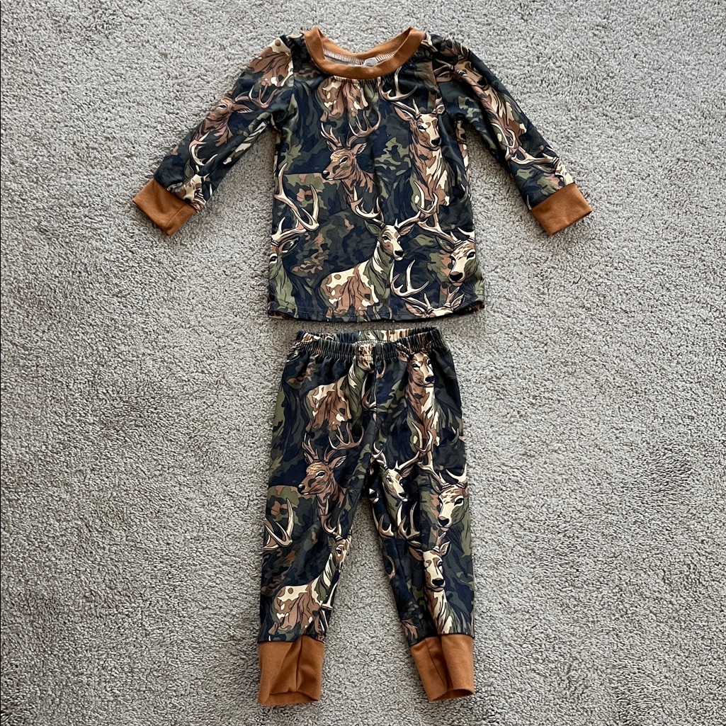 Deer Print Kids Pajama Set With Brown Accents